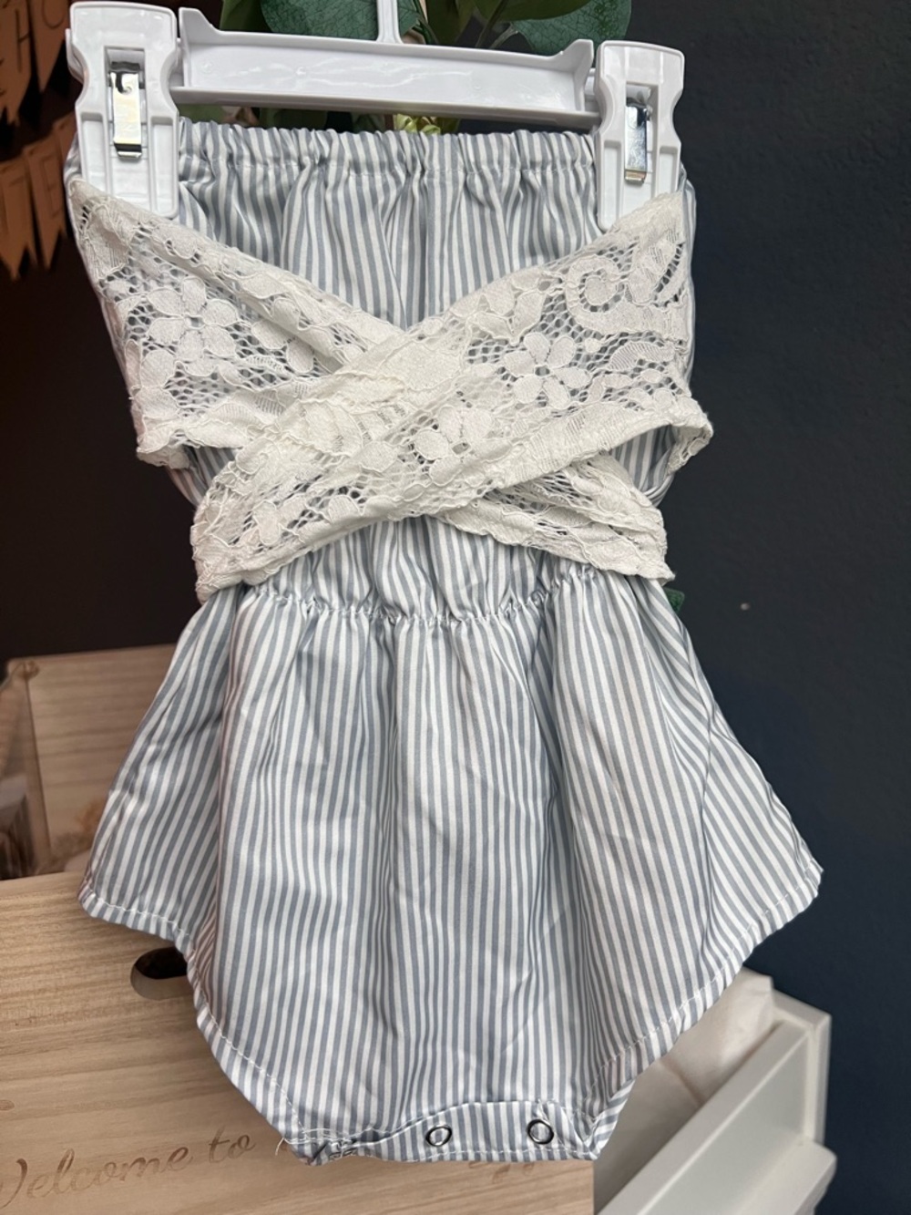 SHEIN Blue & White Striped Lace-Trim Baby One-Piece